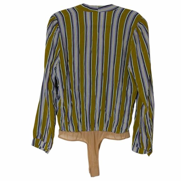Astr The Label Quinn Bodysuit Wrap Blouse Stripe Gold Purple L pm - Picture 8 of 11